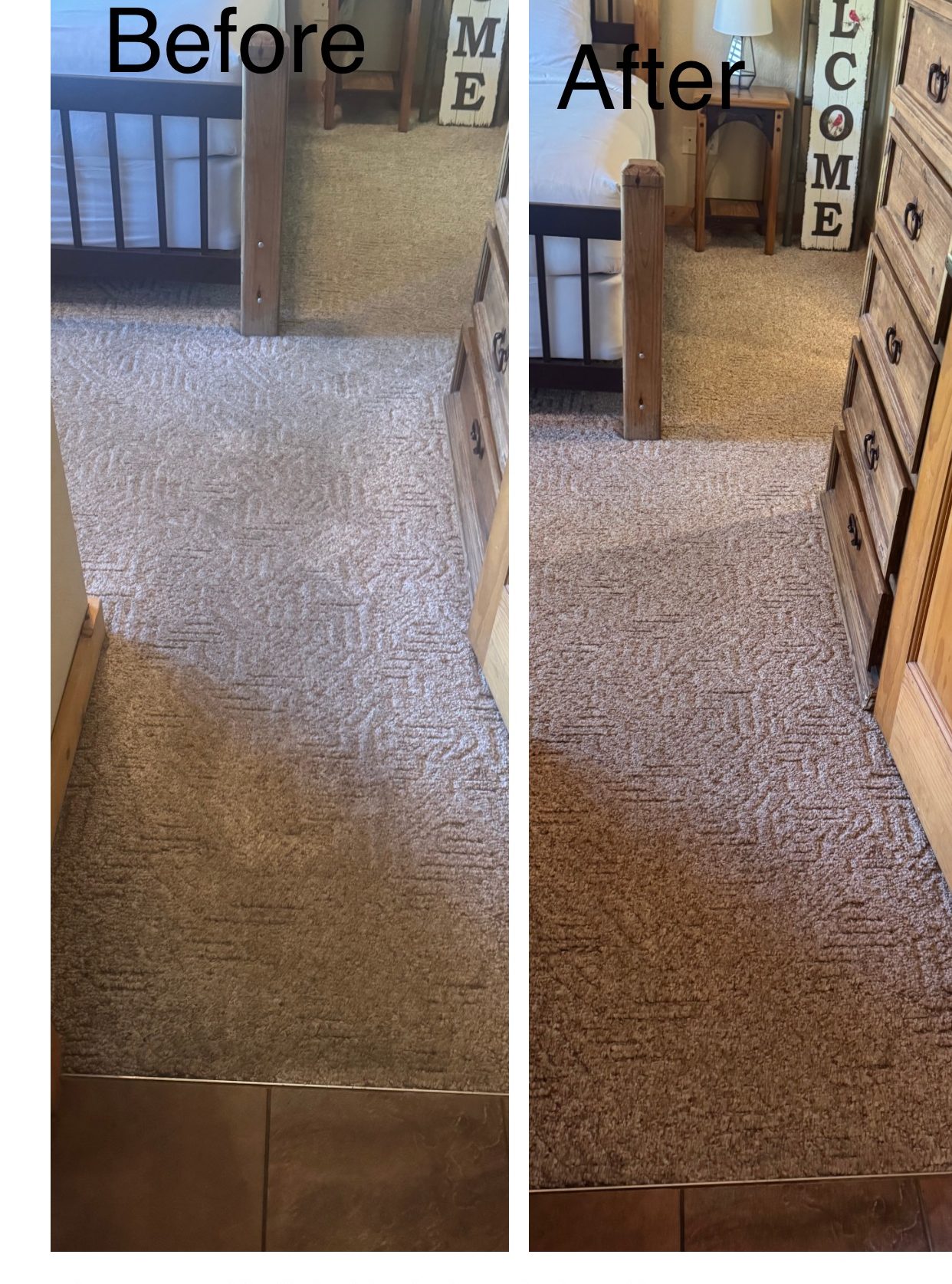 before and after photos of steam cleaning Before and after photos showing carpet cleaning results in a hallway.