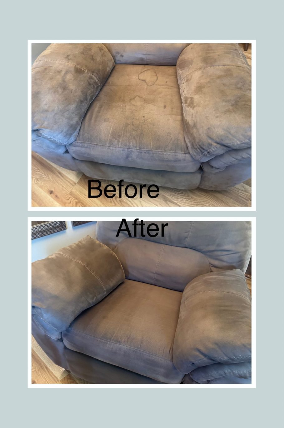 chair cleaning Comparison of a couch cushion labeled "Before" and "After" cleaning, showing noticeable improvement.