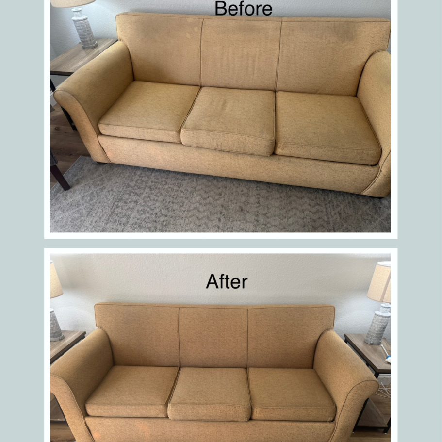 couch cleaning Comparison of a clean and newly upholstered sofa, showing before and after photos.