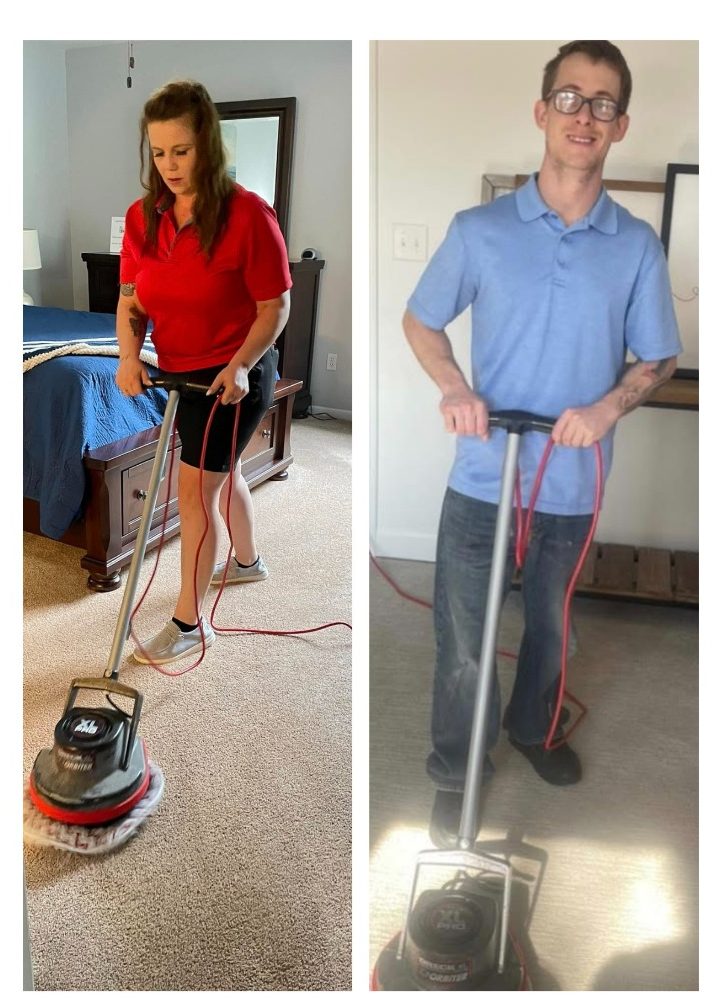 carpet cleaning Two people using carpet cleaning machines in different indoor settings.